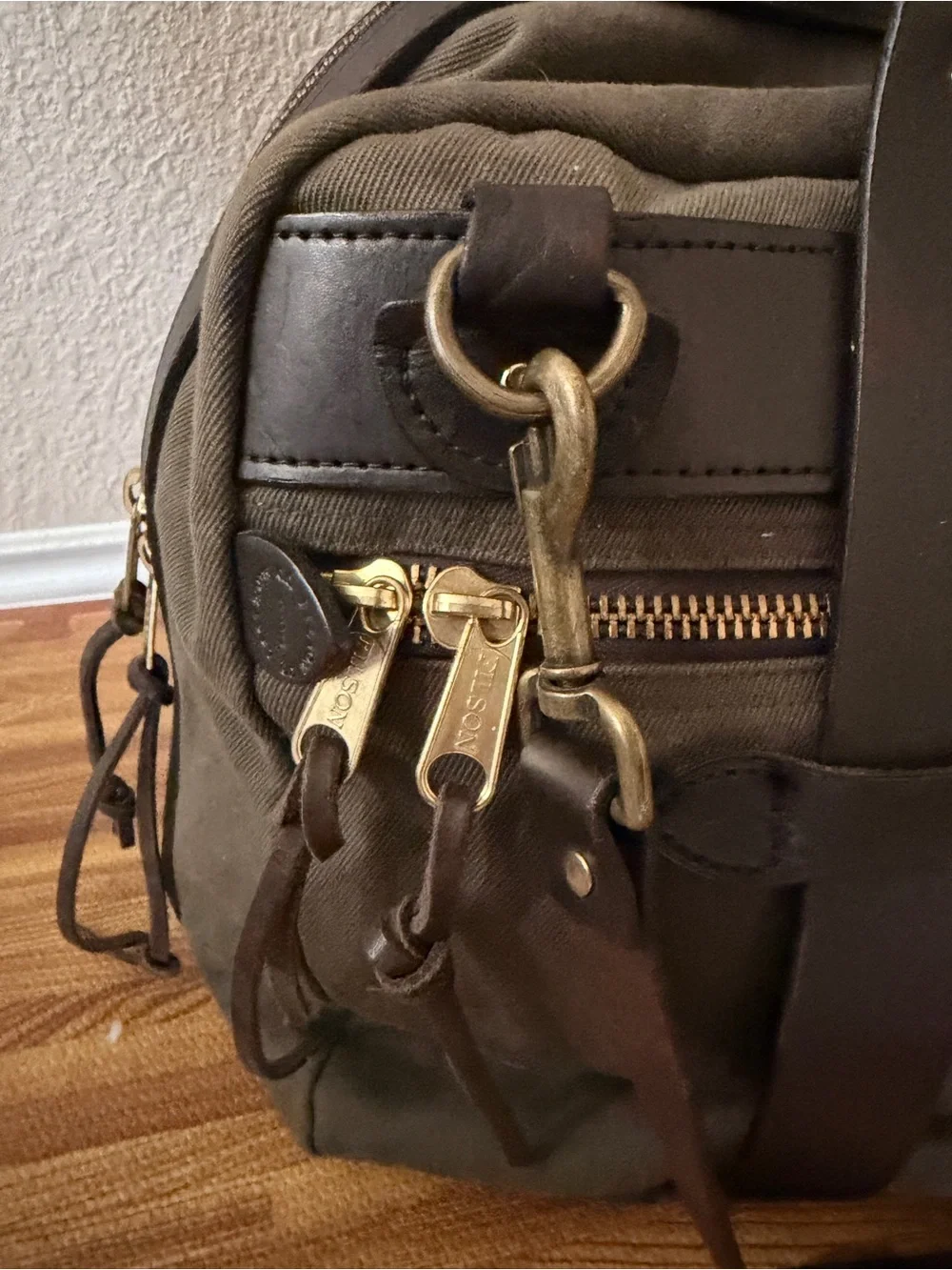 Filson Large Olive Green Canvas Duffel with Dark Brown Leather Trim